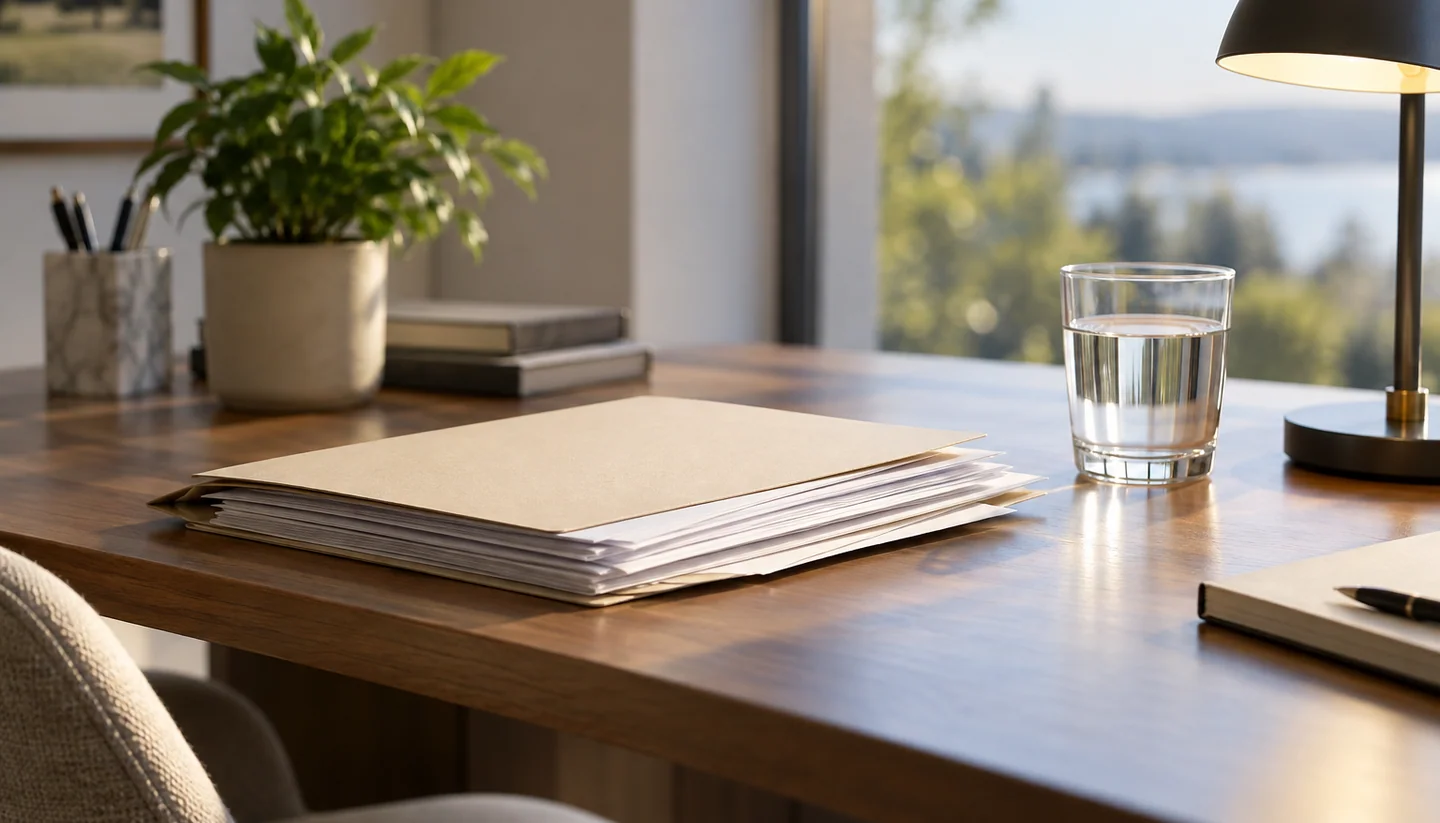 Document packet and water glass on an office desk