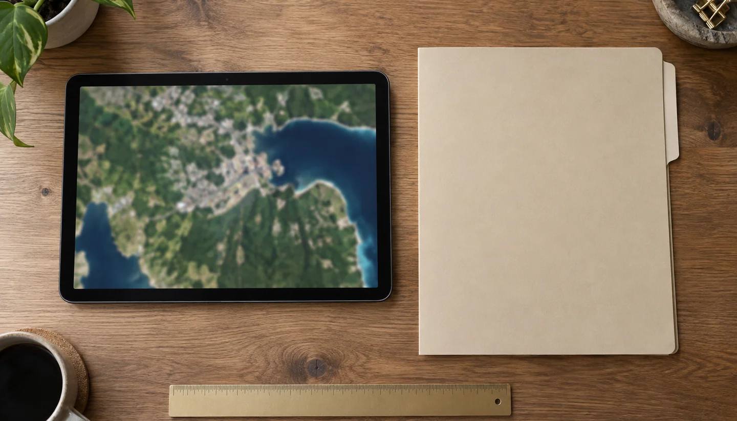 Tablet with a landscape image beside an open folder